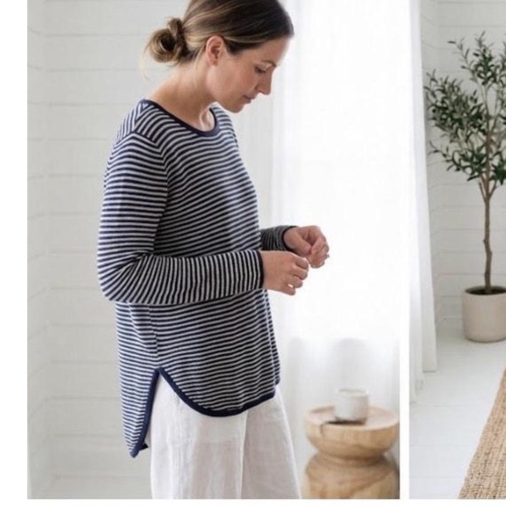 Eileen Fisher Woman Navy White Striped Organic Linen Cotton Sweater 2X Plus